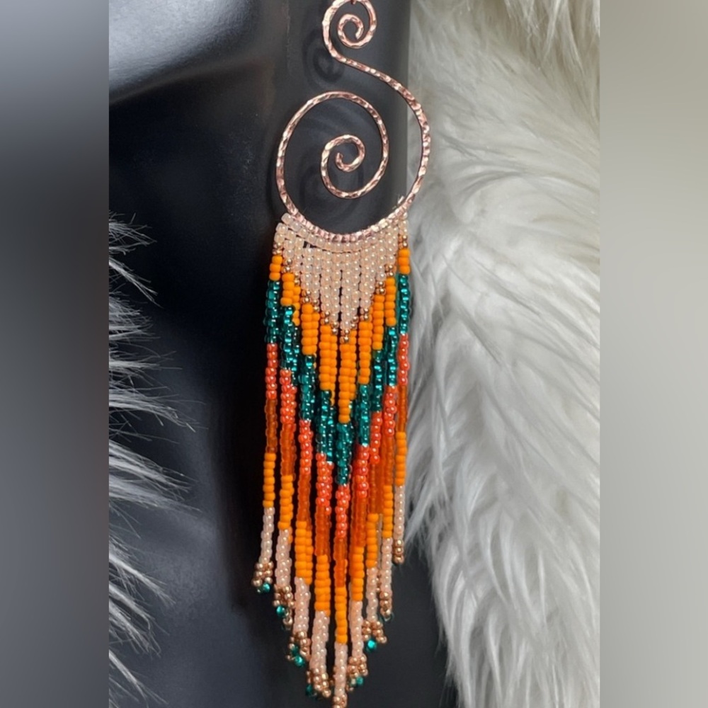 Hammered Copper Hoops With Long Orange Teal Glass Beaded Fringe Earrings - Picture 11 of 11